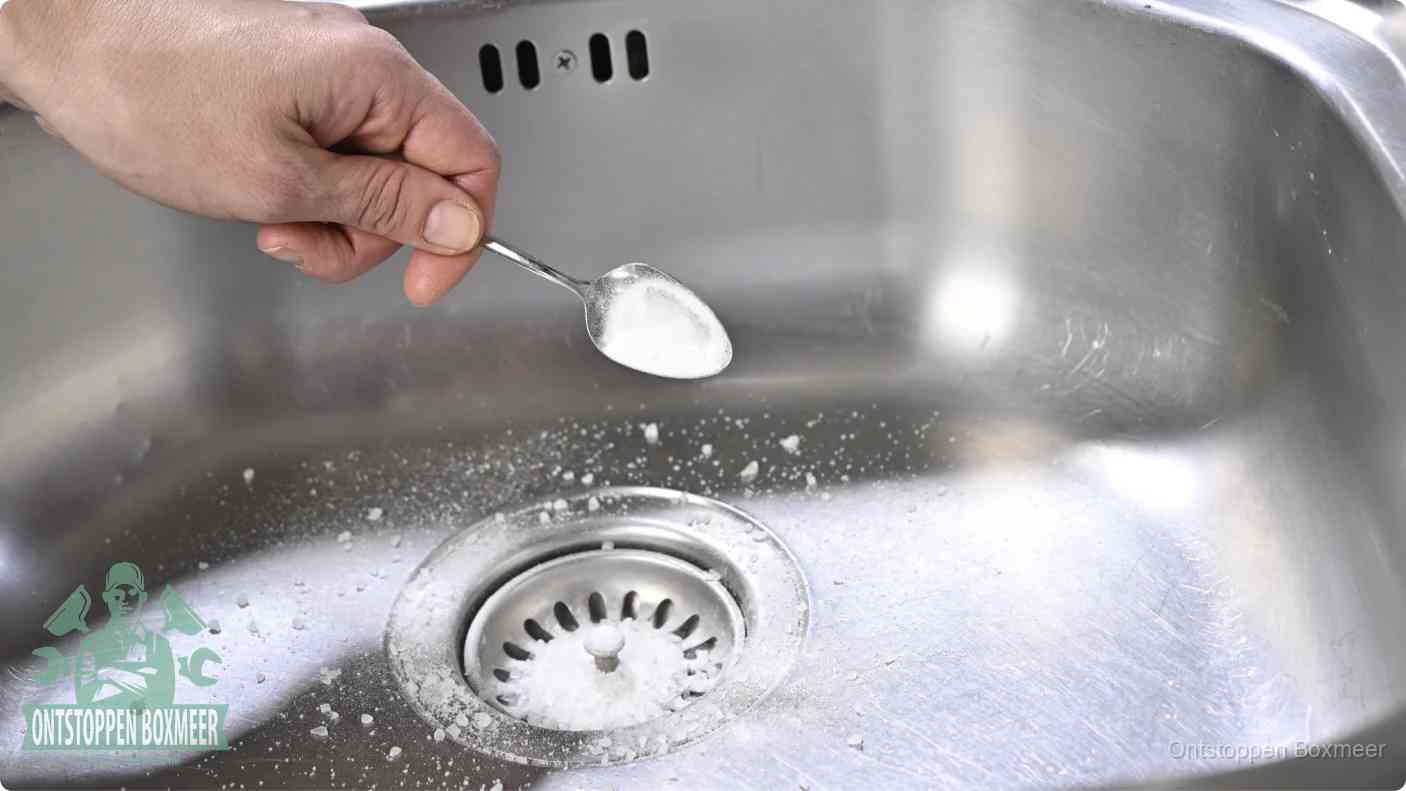 Een hand strooit met een lepel soda in de afvoer van een roestvrijstalen spoelbak, de soda en azijn huismiddel-methode om de afvoer te ontstoppen in Boxmeer