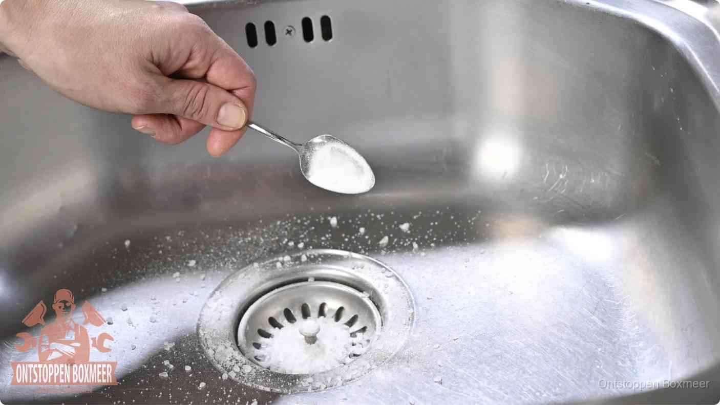 Een hand strooit met een lepel soda in het afvoerputje van een rvs spoelbak, de soda en azijn huismiddel-methode in Boxmeer Een hand strooit met een lepel soda in het afvoerputje van een rvs spoelbak, de soda en azijn huismiddel-methode in Boxmeer